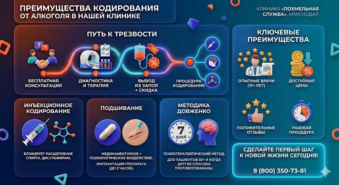 Инфографика о методах кодирования от алкоголя в Чиркее: инъекции, подшивание, метод Довженко. Преимущества клиники и этапы лечения.