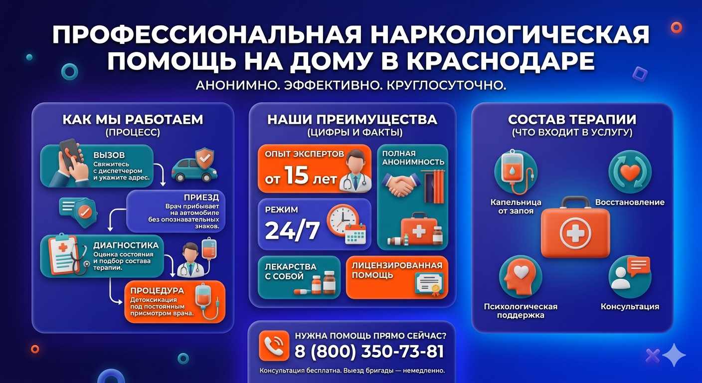 Инфографика о принципах лечения алкоголизма на дому в Чиркее: этапы вызова нарколога, преимущества анонимной детоксикации и состав медицинской помощи.